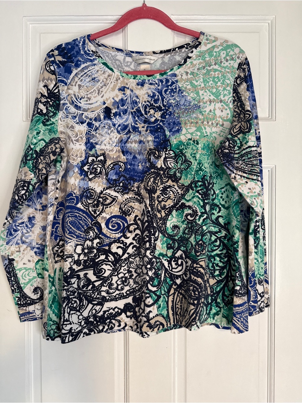 Printed Crewneck Long-Sleeve Women's Top in Blue & Green